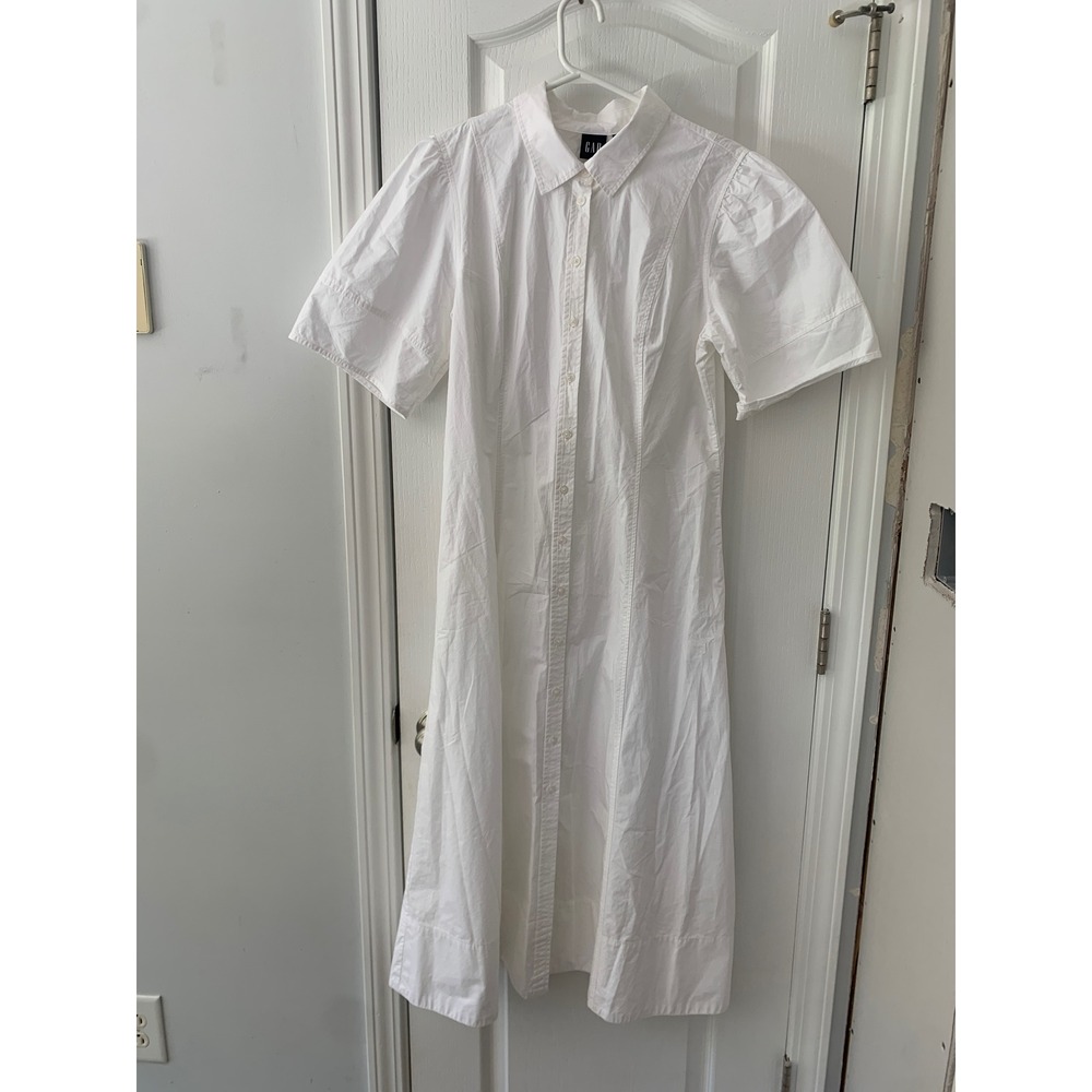 Gap White Cotton Short Puff Sleeve Button Down Midi Shirt Dress Petite L
